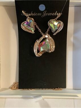 Gold Tone AB Crystal Heart Necklace and Earring Set